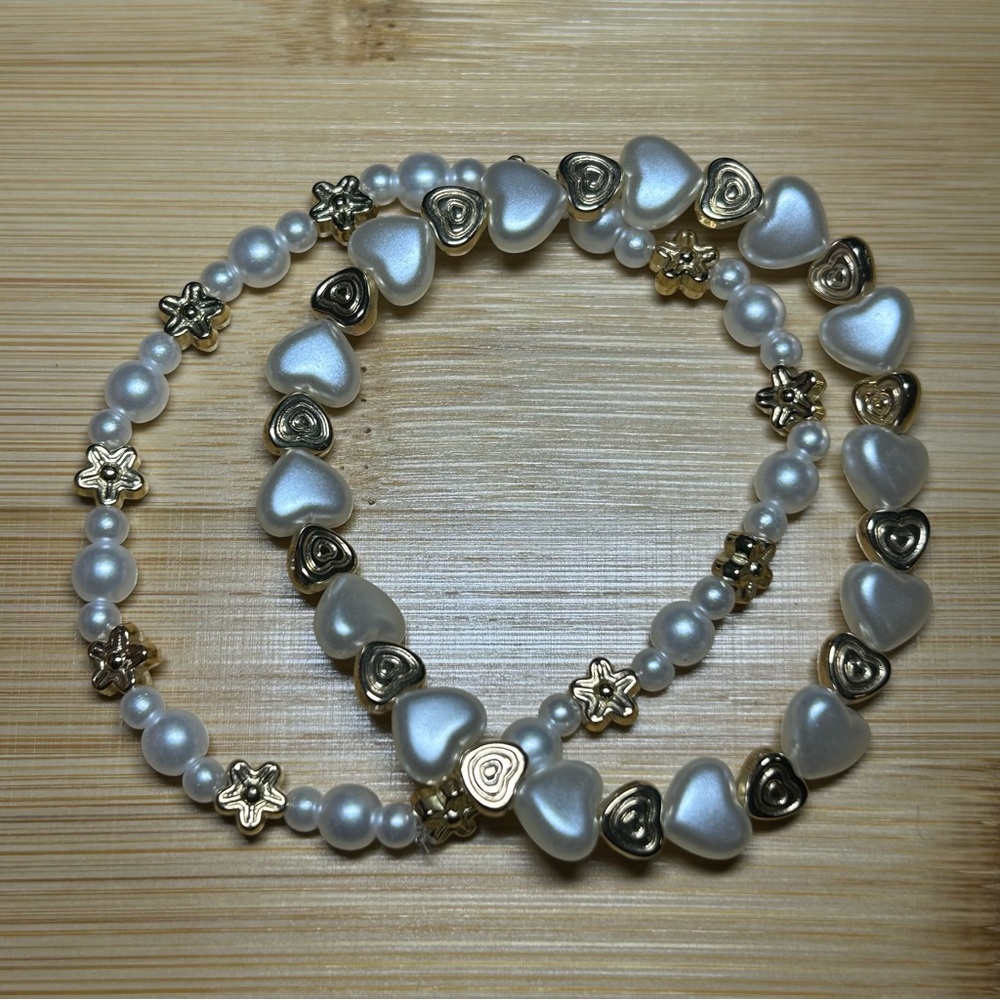 Gold and White Heart Bracelet Set with Pearls and Flowers Medium 7inch